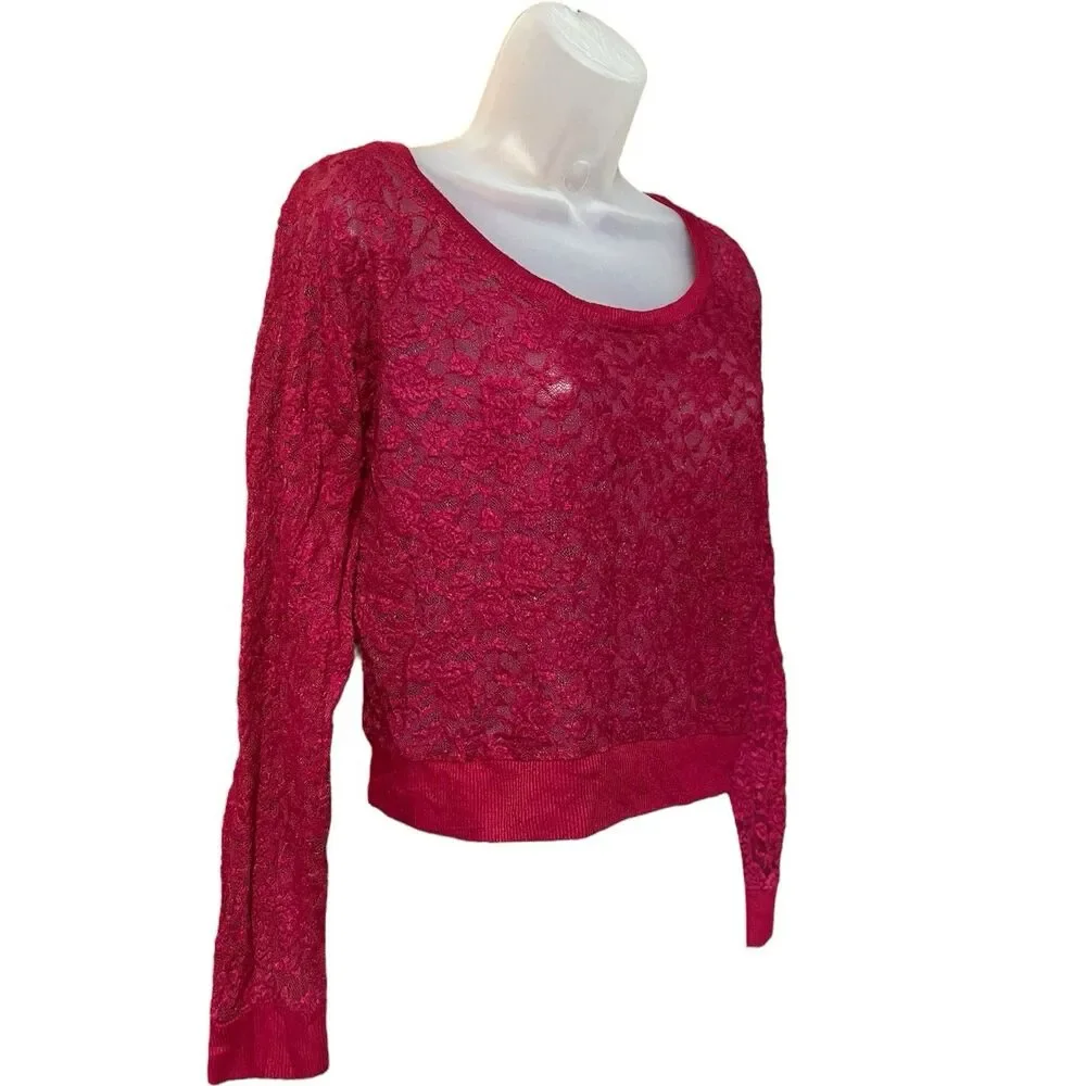 Rue21 Burgundy Lace Long Sleeve Crop Top Sz Large Y2K Whimsigoth Fairy